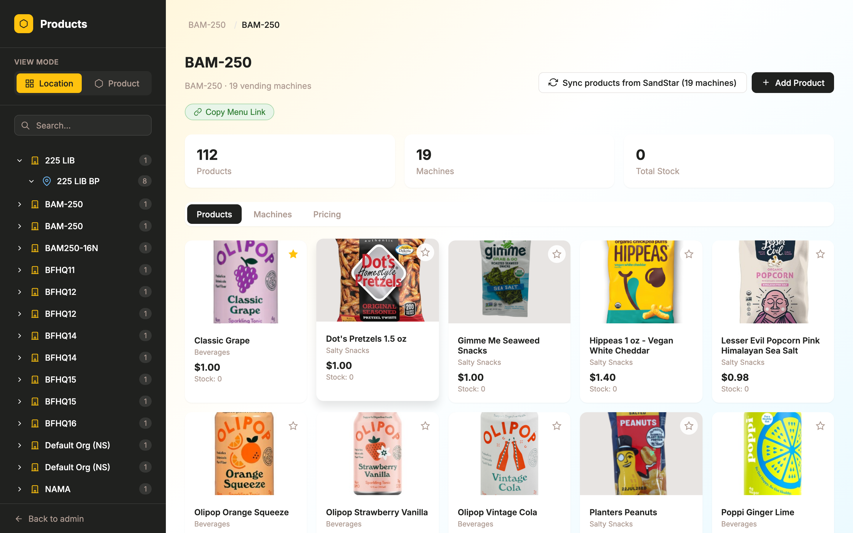 Location selected with product grid